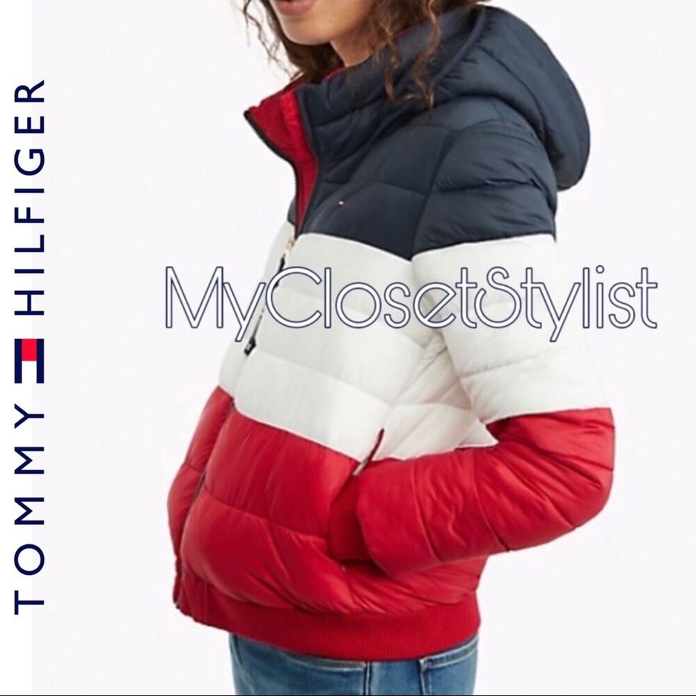 NWT! Tommy Hilfiger Color Block Hooded Parka Puffer Coat! Large Jacket red white